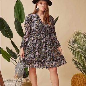 Gigot sleeve ruffle trim dress